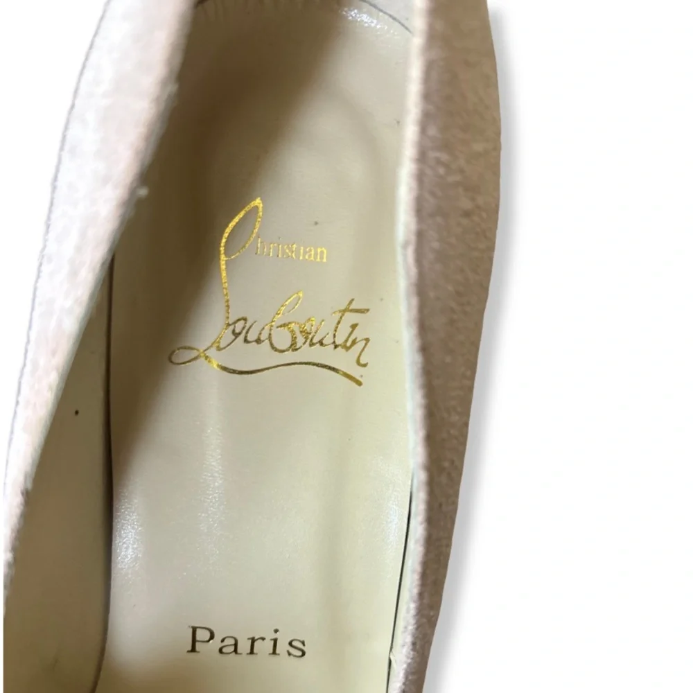Christian Louboutin Navy and Blush Suede Pumps with Gold Cap-Toe